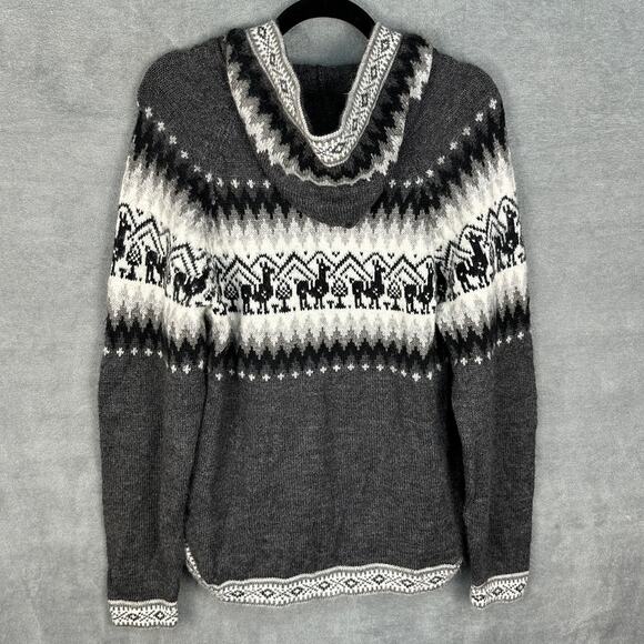 Alpaca Fina Sweater Womens Small Gray Fair Isle Hooded Natural Peru Artisan Boho - Picture 6 of 12